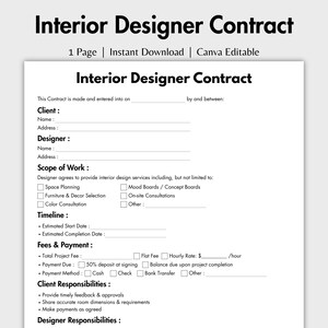 Peut inclure: Un modèle de contrat de designer d'intérieur d'une page avec du texte noir sur fond blanc. Le document comprend des sections pour les informations sur le client et le designer, la portée des travaux, le calendrier, les frais et les responsabilités.