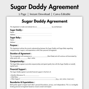Puede incluir: Una plantilla de documento de acuerdo de Sugar Daddy de una página con texto negro sobre fondo blanco. El formulario incluye secciones para nombres, direcciones, propósito, duración, compañía, apoyo financiero y límites y expectativas.
