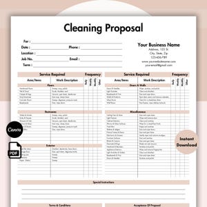 May include: A white Cleaning Proposal document template with black text and light brown headers. It includes sections for client information, business details, service requirements for floors, restrooms, exterior, doors, walls, and miscellaneous tasks.