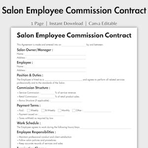 May include: A one-page Salon Employee Commission Contract template with black text on a white background. The document includes fields for salon owner and employee details, position duties, commission structure, payment terms, and work schedule.