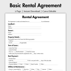May include: A one-page Basic Rental Agreement document template featuring black text on a white background. The form includes sections for Landlord, Tenant, Property Details, Term of Lease, Rent Payment, and Utilities and Maintenance with blank lines.