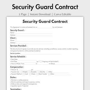 Op de afbeelding: Een eenpaginagroot contractsjabloon voor een beveiliger met zwarte tekst op een witte achtergrond. Het document bevat secties voor gegevens van de beveiliger en klant, geleverde diensten, werkschema, vergoeding, taken en beëindiging.