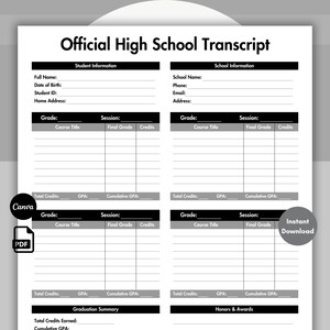 Printbaar sjabloon voor middelbareschooldiploma, formulier voor thuisonderwijsdiploma, cijferregistratie, bewerkbaar Canva-bestand voor thuisonderwijs, direct te downloaden