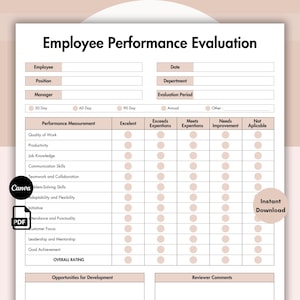 Peut inclure: Un formulaire d'évaluation de la performance des employés blanc et beige avec des sections pour les détails de l'employé, la date, le département et le manager. Il comprend une grille de mesures de performance avec des cercles de notation.
