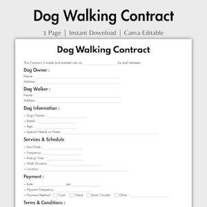 Puede incluir: Una plantilla de contrato de paseo de perros de una página con texto negro sobre fondo blanco. El documento incluye campos para el dueño del perro, el paseador, información del perro, servicios, horario, pago y términos y condiciones.