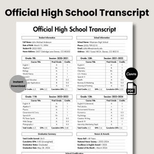 Editable High School Transcript Template, Home School Transcript Form, Grade Tracker, Printable Homeschool Canva, Instant Download