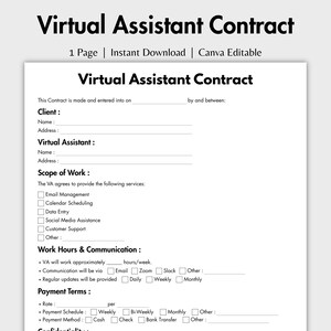 Può includere: Un modello di contratto per assistente virtuale di una pagina con testo nero su sfondo bianco. Le sezioni includono i dettagli del cliente e dell'assistente, l'ambito del lavoro con caselle di controllo e i pagamenti.
