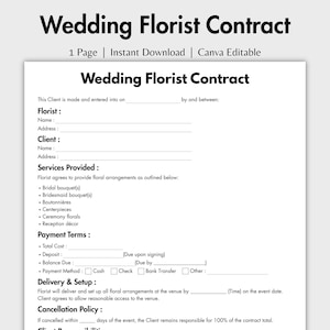 One Page Wedding Florist Contract Template, Printable Wedding Flowers, Single Page Event Floral Designer Form, Event Decor Floral Agreement