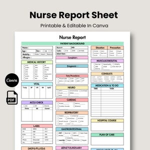 Può includere: Un modulo stampabile per il rapporto infermieristico con sezioni organizzate per dati del paziente, anamnesi, parametri vitali, esami di laboratorio e valutazioni cliniche. Il documento include caselle di controllo e campi vuoti per i dati.