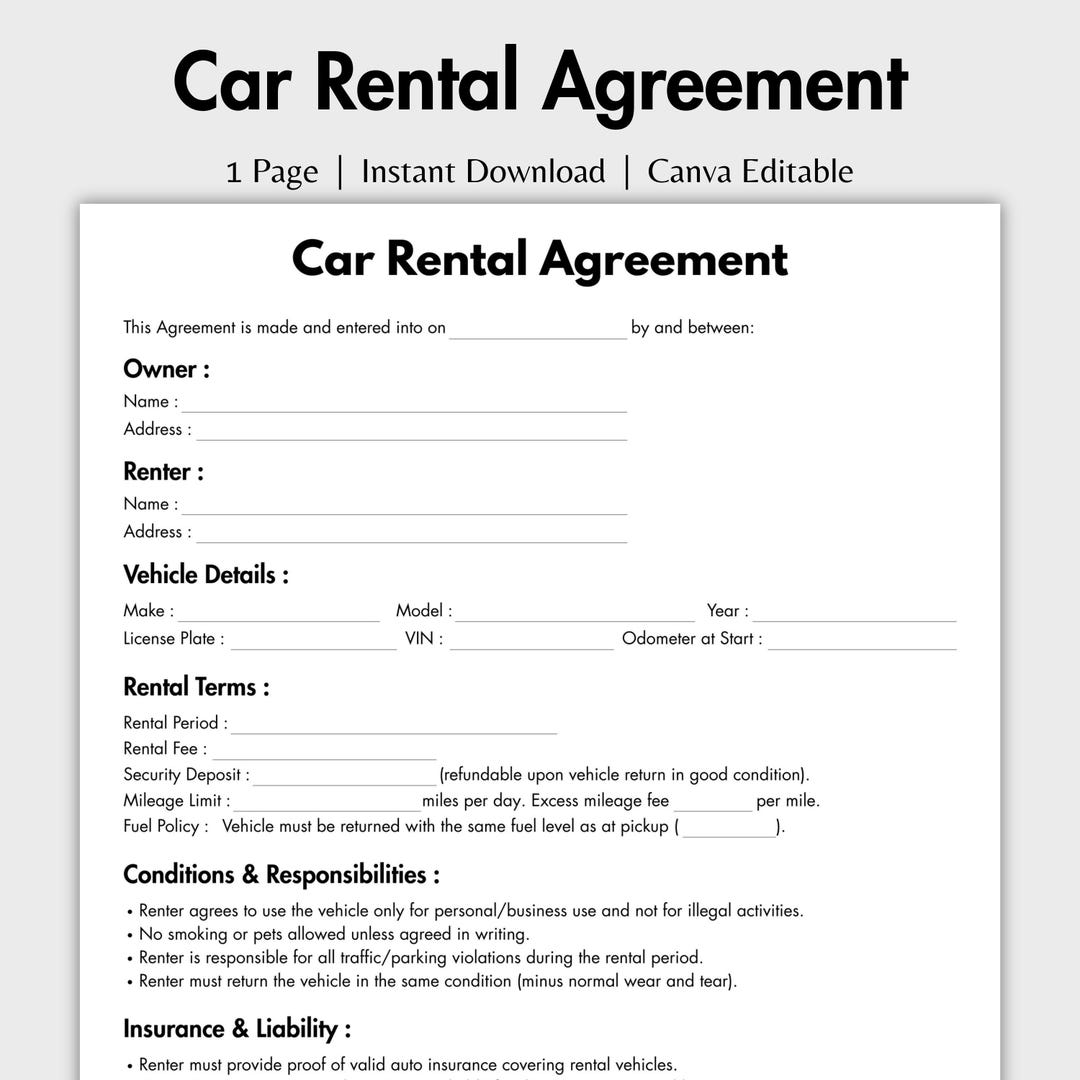 One Page Car Rental Agreement Template, Printable Vehicle Lease Form, Single Page Car Rental ...