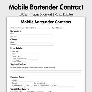 Könnte beinhalten: Eine einseitige Vorlage für einen mobilen Barkeeper-Vertrag mit schwarzem Text auf weißem Hintergrund. Das Dokument enthält Felder für Namen und Adressen von Barkeeper und Kunde, Veranstaltungsdetails, erbrachte Leistungen und Zahlungsbedingungen.