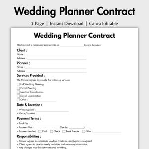 Puede incluir: Una plantilla de contrato de organizador de bodas de una página con texto negro sobre fondo blanco. El documento incluye secciones para los datos del cliente y del organizador, servicios prestados con casillas de verificación, fecha, lugar y pagos.