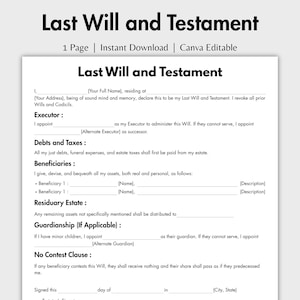 Könnte beinhalten: Eine einseitige Vorlage für ein Testament mit schwarzem Text auf weißem Hintergrund. Das Formular enthält Abschnitte für den Testamentsvollstrecker, Schulden und Steuern, Begünstigte, den Nachlass, Vormundschaft und eine Anfechtungsklausel.