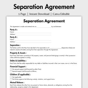 Peut inclure: Un modèle de document d'accord de séparation d'une page avec du texte noir sur fond blanc. Le formulaire comprend des sections pour les noms et adresses de la Partie A et de la Partie B, la date de séparation, les biens, les dettes et les enfants.