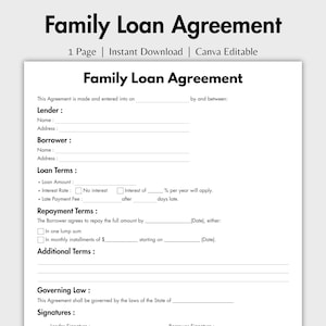 May include: A one-page Family Loan Agreement document template with black text on a white background. The form includes sections for Lender and Borrower details, Loan Terms, Repayment Terms, Additional Terms, Governing Law, and signature lines.