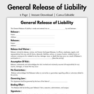 May include: A one-page General Release of Liability document template with black text on a white background. The form includes sections for Releasor and Releasee names and addresses, Release and Waiver, Assumption of Risk, No Guarantees, Governing Law, Binding Effect, and Signatures.
