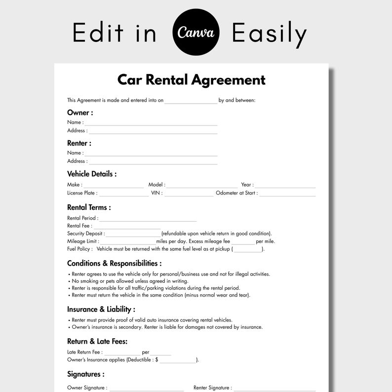 One Page Car Rental Agreement Template, Printable Vehicle Lease Form, Single Page Car Rental ...