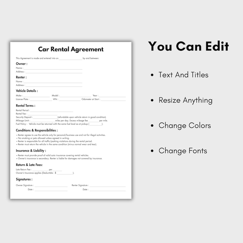 One Page Car Rental Agreement Template, Printable Vehicle Lease Form, Single Page Car Rental ...