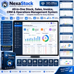 May include: NexaStock inventory management system software displayed on a computer monitor, featuring a dashboard with stock movement charts, product categories, and activity logs, alongside a physical product box and sidebar feature lists.
