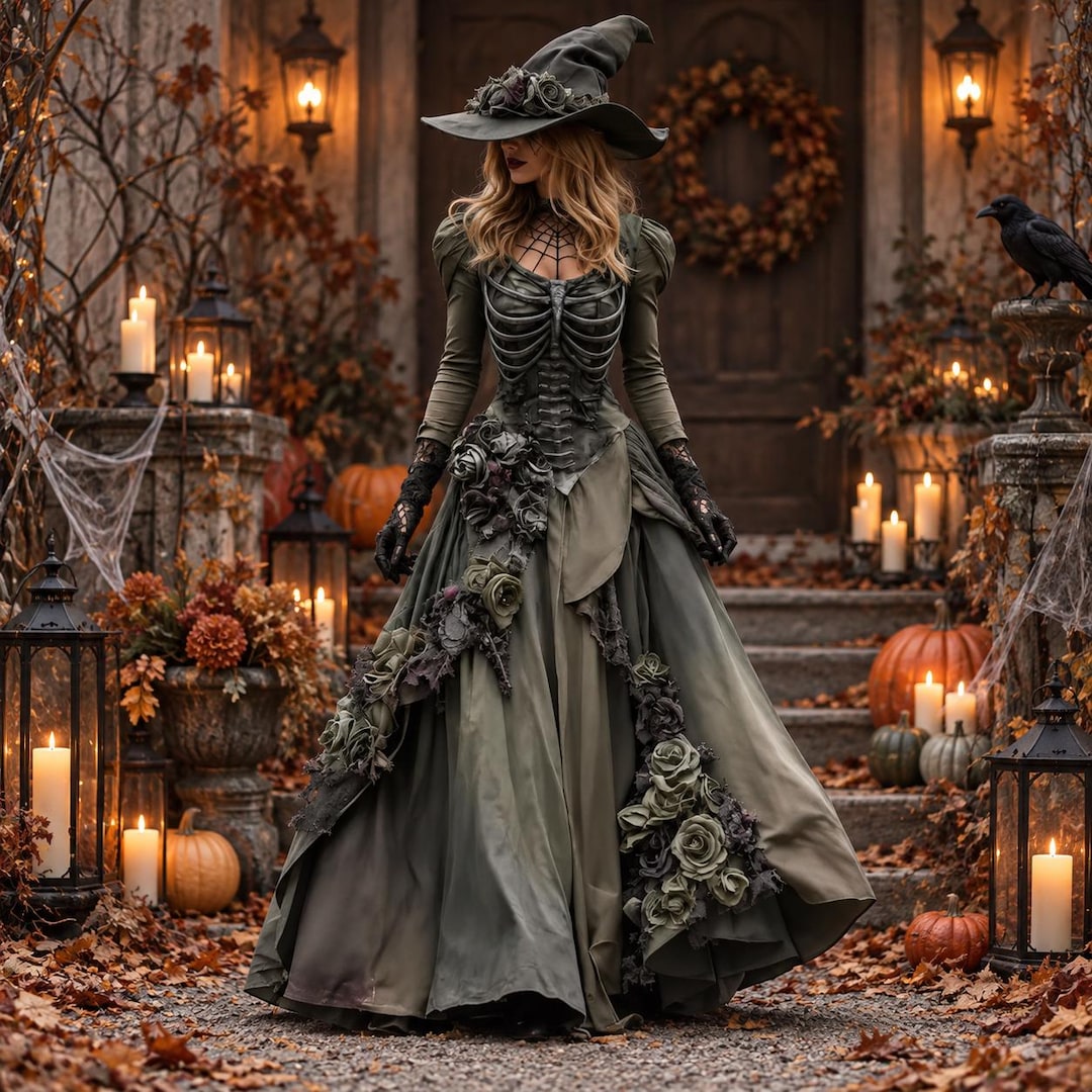 Robe de sorcière gothique, imprimé squelette, robe longue plissée ...