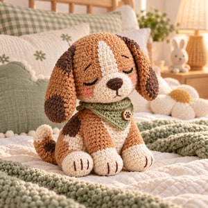 May include: A crochet dog plush toy with brown and cream yarn, featuring long floppy ears, closed eyes, and pink cheeks. The dog wears a sage green triangular bandana around its neck, accented with a small wooden button featuring a paw print design.