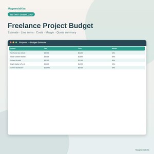 May include: A digital freelance project budget template featuring a dark header with window controls, a teal row for column labels including Project, Fee, Cost, and Margin, and five rows of financial data for various projects in a clean, organized layout.