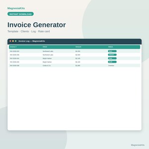 May include: A digital invoice generator template by MagnesiaKits featuring a dark-themed window displaying an invoice log. The table includes columns for invoice number, client name, amount, and status, with rows showing various business transactions.
