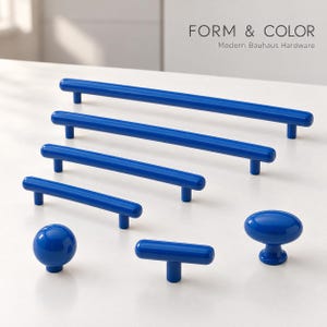 Cobalt Blue Cabinet Knobs and Drawer Pulls, Modern Bauhaus Hardware for Kitchen Cabinets, Dressers and Cupboards