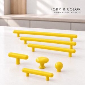 Yellow Cabinet Knobs and Drawer Pulls, Modern Bauhaus Hardware, Colorful Handles for Kitchen Cabinets, Dressers and Cupboards