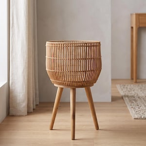 Indoor Planter with Stand, Rattan Floor Planter, Wood Legs, Large Plant Pot, Mid Century Modern Houseplant Decor