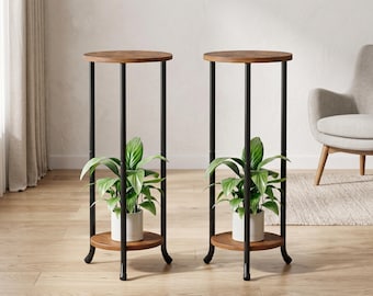 Brown Plant Stand Set of 2, Round 2 Tier Metal & Wood Shelf, Indoor Outdoor