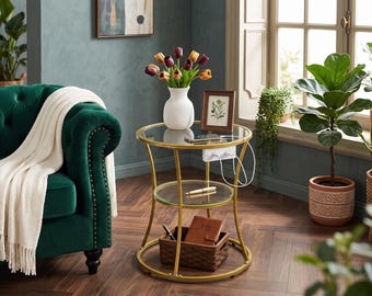 Round Gold Side Table with Charging Station, Two-Tier Glass End Table