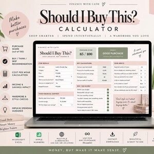 Pode incluir: Uma calculadora digital Should I Buy This? exibida na tela de um laptop, com seções para detalhes do item, contexto financeiro, cálculos principais e recomendações de compra. A interface usa uma paleta de cores suaves com campos de texto para inserir custos, economias e frequência de uso para determinar uma pontuação de compra de 100.