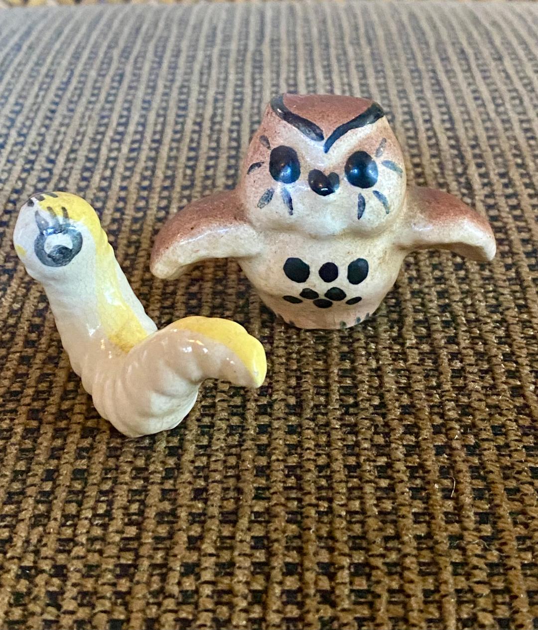 1970s Vintage Mexican Tonala Pottery Owl and Caterpillar Ceramic Figurine Set, Worm