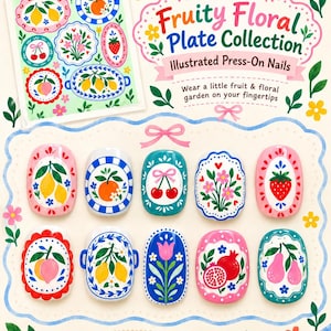 Hand Painted Press On Nails, Fruit Floral Nails, Colorful Vintage Plate Nail Art, Short Square Reusable Fake Nails, Cute Summer Nails
