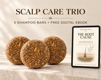 Set de 3 pastillas de champú con aceite de enebro / Libro electrónico sobre cuidado del cabello y recetas caseras para enjuagues