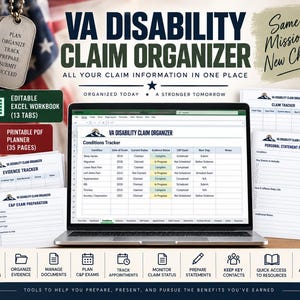 Könnte beinhalten: Ein VA Disability Claim Organizer digitales Tool-Set mit einer bearbeitbaren Excel-Arbeitsmappe mit 13 Registerkarten und einem druckbaren 35-seitigen PDF-Planer. Der Bildschirm zeigt eine Tabellenkalkulation zur Zustandsverfolgung.