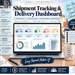 Op de afbeelding: Een digitaal dashboard voor het volgen van zendingen en leveringen op een laptopscherm, met datagrafieken, vrachtkostenstatistieken en prestatiegegevens van vervoerders, inclusief een witte mok met tekst en een notitieblok.