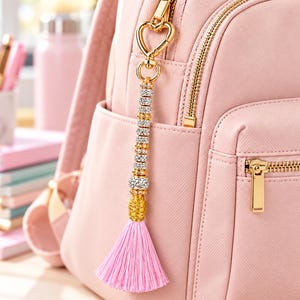 Pink Tassel Keychain, Rhinestone Crystal Bag Charm for Girls with Gold Heart Clasp, Sparkly Backpack Charm, Teen Girl Birthday Gift