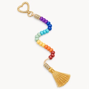7 Chakra Beaded Keychain, 21-Bead Rainbow Bag Charm with Gold Heart Clasp and Rhinestones