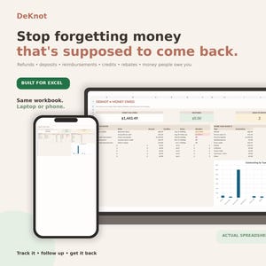 Pode incluir: Uma interface de planilha digital intitulada DeKnot Money Owed exibida na tela de um laptop e de um smartphone. A planilha rastreia reembolsos, depósitos e descontos com colunas para valores e status. O texto inclui Stop forgetting money that's supposed to come back e Built for Excel.