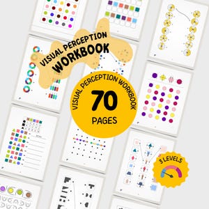 Puede incluir: Un cuaderno de ejercicios de percepción visual de 70 páginas dividido en 3 niveles. Las páginas muestran varias formas geométricas coloridas, patrones, ejercicios de emparejamiento y secuencias para el desarrollo cognitivo.