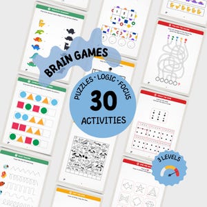 Puede incluir: Una colección de hojas de actividades educativas con juegos mentales, rompecabezas, lógica y tareas de enfoque. Las páginas incluyen completar patrones, ejercicios de trazo y descifrado de códigos, con el texto Brain Games 30 Activities.
