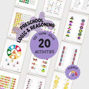 Puede incluir: Una colección de hojas de trabajo educativas titulada Preschool Logic & Reasoning con 20 actividades. Las páginas presentan gráficos coloridos que incluyen frutas, formas geométricas, patrones y secuencias para ver, pensar y resolver.