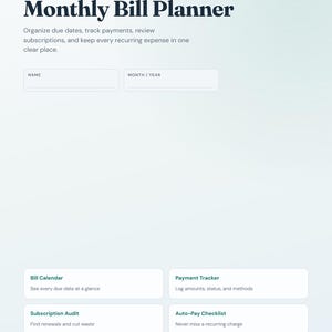 Op de afbeelding: Een digitale factuurplanner-sjabloon met een lichtblauwe gradiëntachtergrond. De tekst luidt Monthly Bill Planner, Organize due dates, track payments, review subscriptions, and keep every recurring expense in one clear place. Bevat secties voor Name, Month/Year, Bill Calendar, Payment Tracker, Subscription Audit, Auto-Pay Checklist en Personal Finance Organizer Printable + Digital PDF.