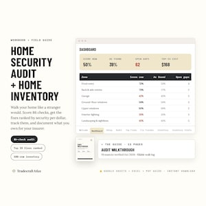 May include: A digital workbook and field guide titled Home Security Audit + Home Inventory. The interface displays a dashboard with security scores, open gaps, and costs, alongside a 13-page audit walkthrough guide for Google Sheets, Excel, and PDF.