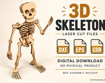 Puede incluir: Un archivo de corte láser de esqueleto 3D para descarga digital con un modelo de esqueleto de madera marrón claro y texto que dice 3D SKELETON LASER CUT FILES, DIGITAL DOWNLOAD, NO PHYSICAL PRODUCT, MDF ASSEMBLY MOCKUP e iconos DXF, EPS, CDR.