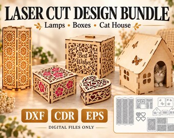 Puede incluir: Un paquete de diseños de corte láser que incluye una lámpara alta, una caja cuadrada con el texto Best Wishes, una caja floral, una caja en forma de corazón y una casa para gatos. Las etiquetas DXF, CDR y EPS indican archivos digitales.