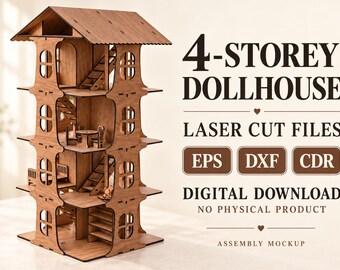 Puede incluir: Una casa de muñecas de madera de cuatro pisos con detalles cortados con láser, incluyendo escaleras y divisiones interiores. El texto dice 4-STOREY DOLLHOUSE, LASER CUT FILES, EPS, DXF, CDR, DIGITAL DOWNLOAD, NO PHYSICAL PRODUCT y ASSEMBLY MOCKUP.