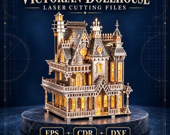 Puede incluir: Un modelo de casa de muñecas victoriana metálica con detalles cortados con láser, ventanas iluminadas y una torre. El texto dice: VICTORIAN DOLLHOUSE LASER CUTTING FILES, EPS, CDR, DXF, DIGITAL DOWNLOAD, NO PHYSICAL ITEM.